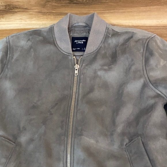 Abercrombie & Fitch Bomber Jacket Mens Large Gray Full Zip Ribbed Faux Suede - Picture 4 of 10